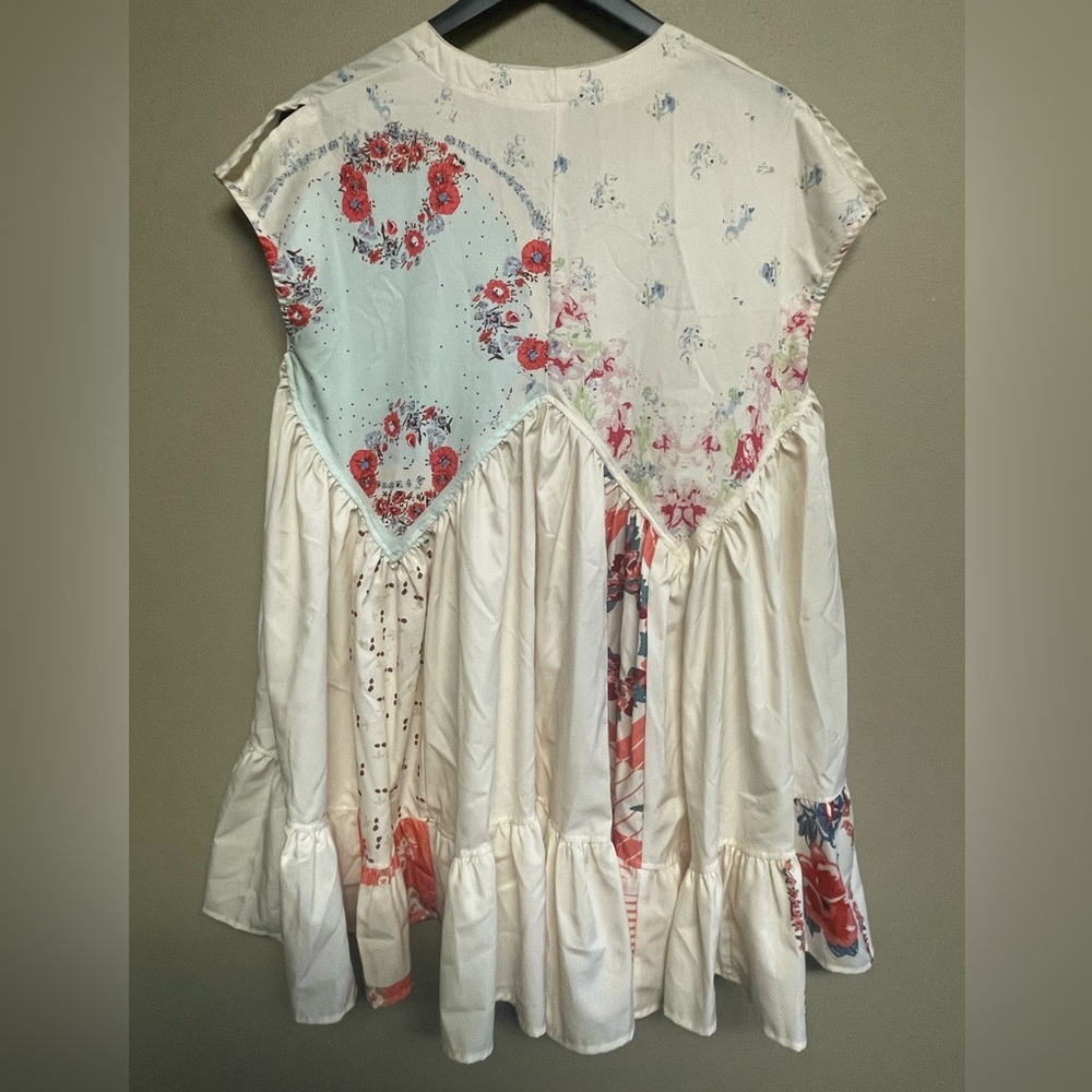 Floral Flowy Patchwork Boho Festival Deep-V Dress Tunic Summer Vacation Coverup - Picture 7 of 8